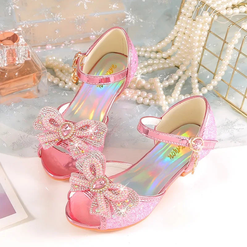 Summer Girls Sandals With Heel Fashion Rhinestone Shiny Glitter Shoes Children Princess Bowtie Pearl Dancing Shoes H876