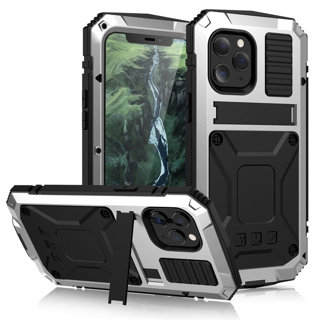 Ständer-Telefonhülle für iPhone 12 Pro Max, Mini XS, Max XR, staubdicht, stoßfest, gehärtetes Glas, Metallabdeckung für iPhone 11 Pro Max