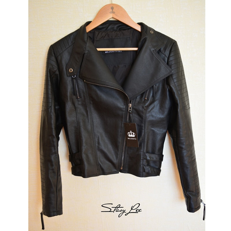 Damen Frühling / Herbst Lederjacke, Motorrad Kunstlederjacke