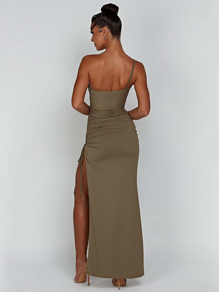 One-Shoulder-Riemen-Oberschenkel-hohes, geteiltes Maxikleid für Frauen, ärmellos, rückenfrei, figurbetont, sexy Club-Party, langes Kleid