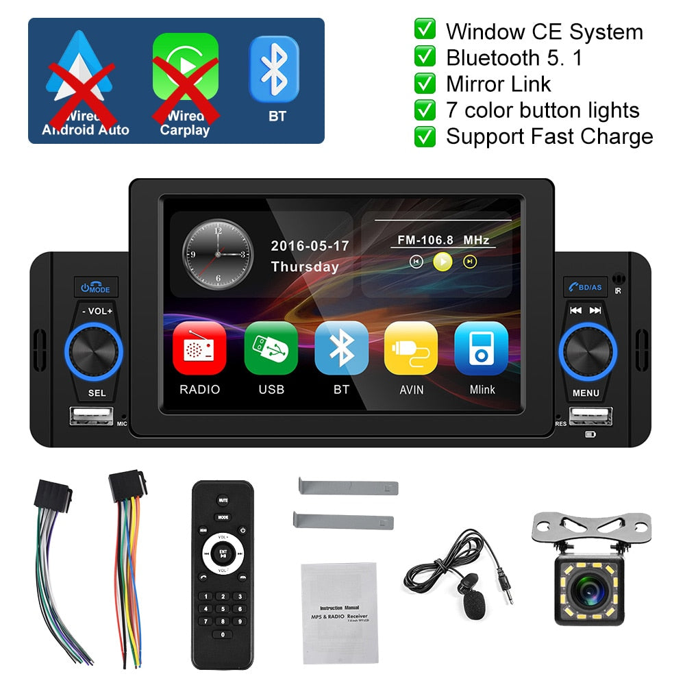 Podofo 5 zoll Auto Radio 1 Din CarPlay, Android Auto Multimedia Player Bluetooth MirrorLink, FM Empfänger für Volkswagen Nissan