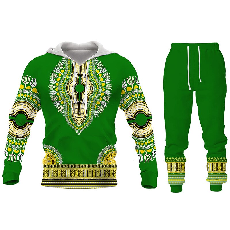 Herren 3D Druck Folk Hoodies Hosen, 2 Stück Sets Herren Freizeitanzug, Langarm Ethnischen Stil Afrikanische Kleidung