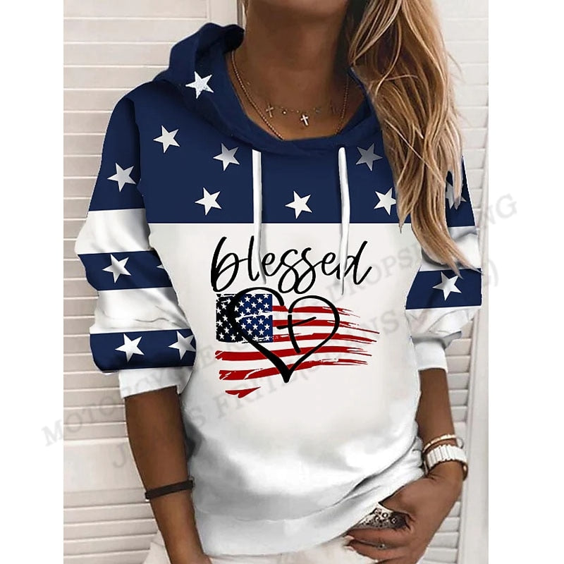 Damen Sweats Poloshirt mit Usa Flagge-Druckgrafik und Kapuze, Amerikanische Flagge Mode Übergroße