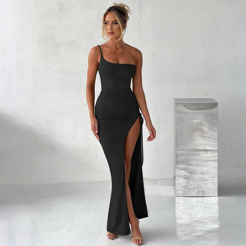 One-Shoulder-Riemen-Oberschenkel-hohes, geteiltes Maxikleid für Frauen, ärmellos, rückenfrei, figurbetont, sexy Club-Party, langes Kleid