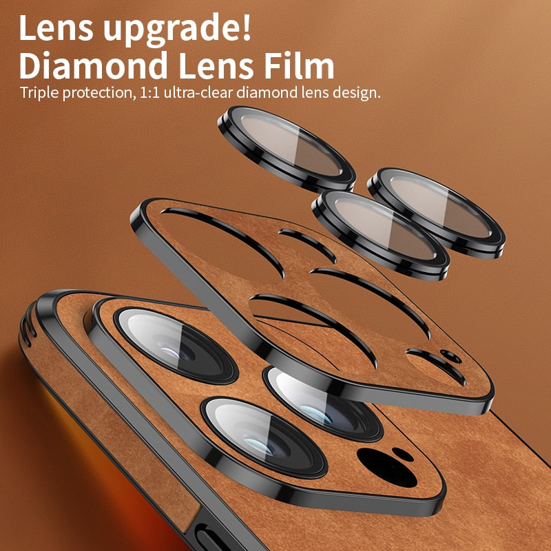 Luxus Hirsch Leder Telefon Fall Für iPhone 14, 13, 12 Pro Max Objektivglas Stoßfest Silikon Handy Abdeckung