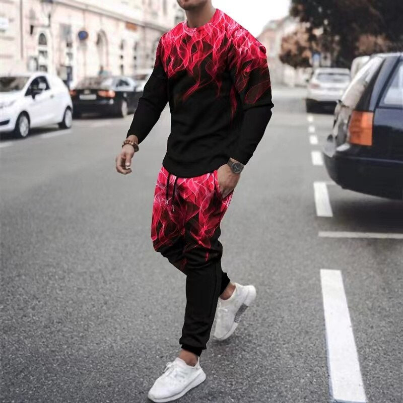 Herren langarm T-Shirt mit Flamme Muster, Sommertrend mit langer Hose