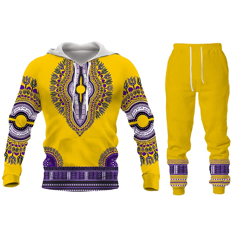 Herren 3D Druck Folk Hoodies Hosen, 2 Stück Sets Herren Freizeitanzug, Langarm Ethnischen Stil Afrikanische Kleidung