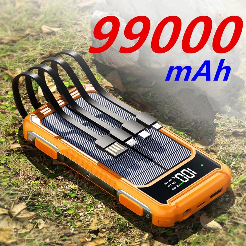 99000 mAh Solar-Powerbank mit Kabel Typ C, schnelles Aufladen, externes Ladegerät für alle Handys, Samsung, Huawei, Xiaomi