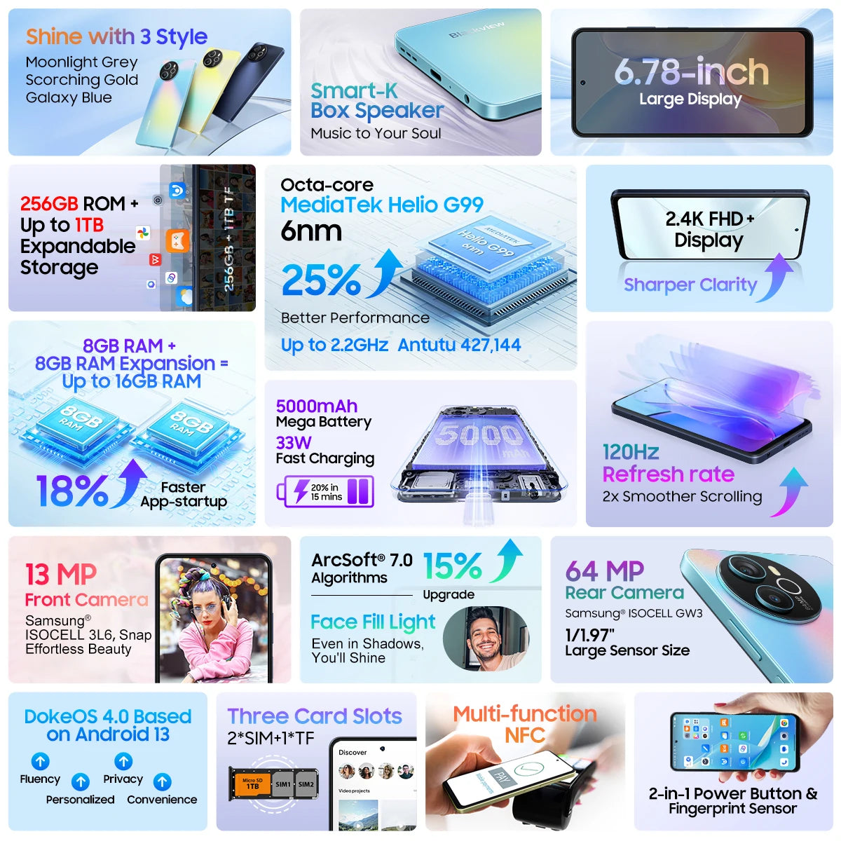 Blackview SHARK 8 Smartphone Android13 G99 Mobile Phone 6.78'' 120Hz 2.4K Display 8GB+8GB RAM, 128GB/256GB ROM 64MP, 2 SIM Card