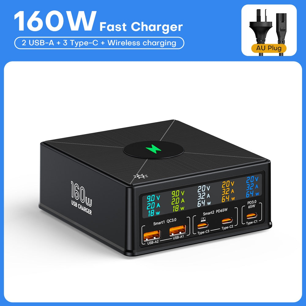 160W 5Port Ladestation USB-C PD65W QC3.0 Schnellladegerät mit separatem Display, 15W kabelloses Ladegerät für iPhone & Smartphone