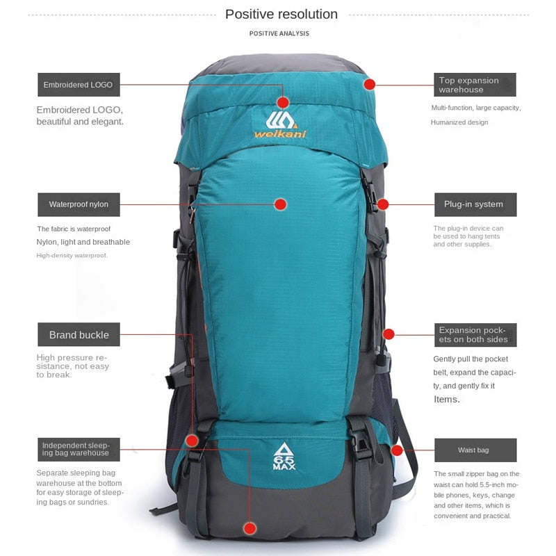 65L Camping Rücksack Große Kapazität, Outdoor Wasserdichte Rücksachtasche für Bergsteiger