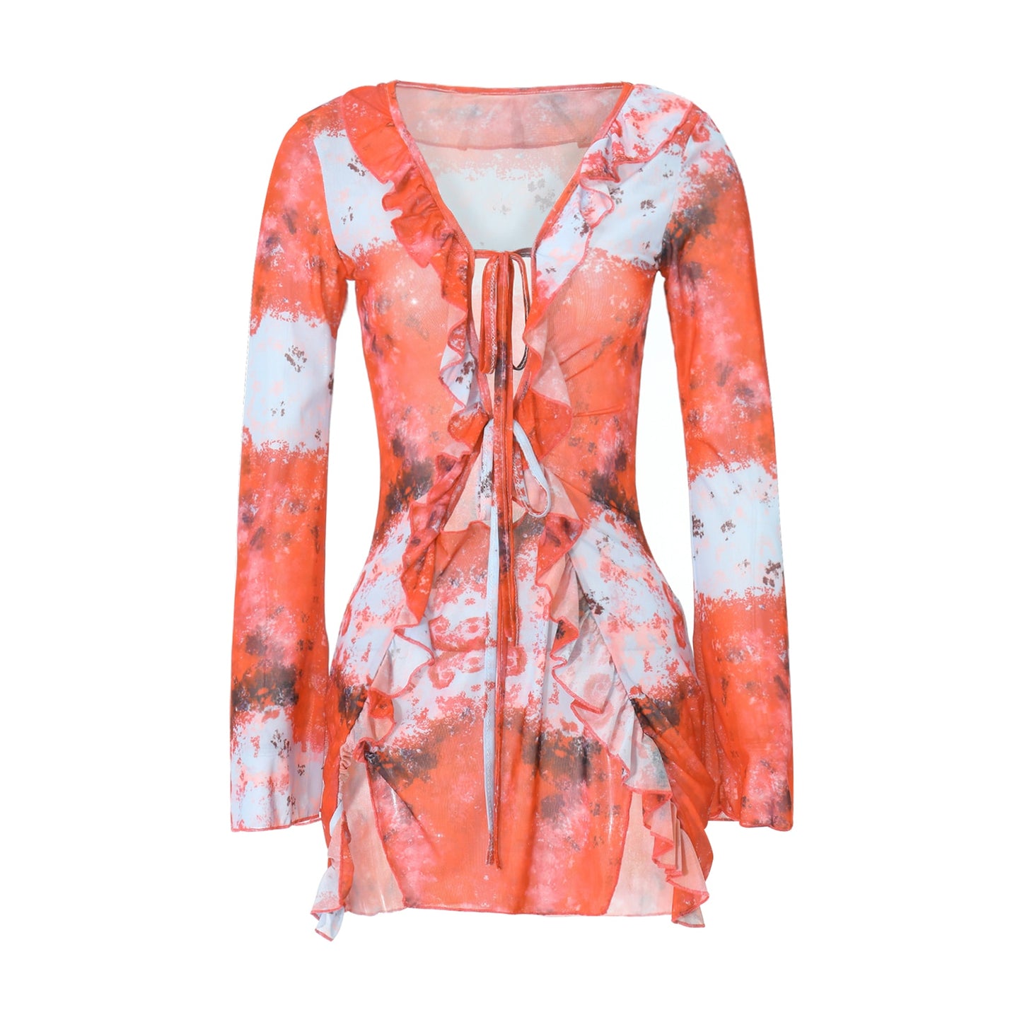 Damen-Minikleid mit langen Ärmeln, Schnürung, Batikdruck, Patchwork-Schlitz, figurbetontes Kleid für Club-Party