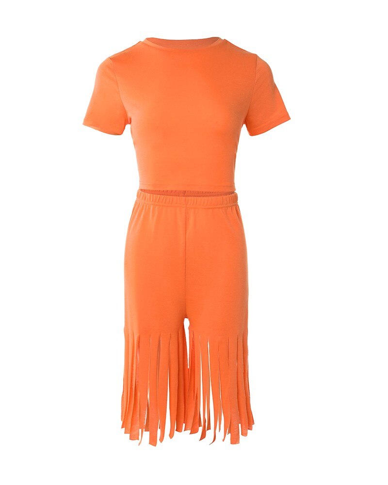 Damen 2-teiliger Kleidungsanzug, einfarbig, kurzärmelig, Shorts-Set mit Quastenbesatz und hoher Taille