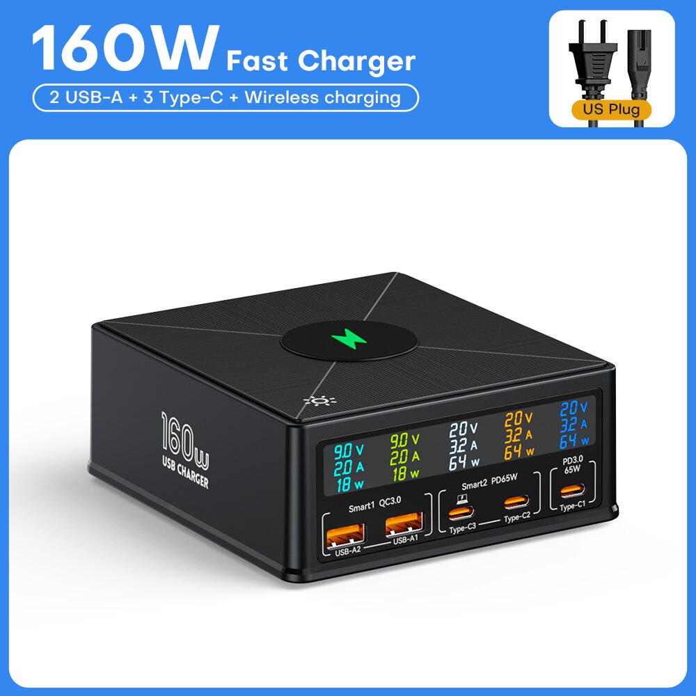 160W 5Port Ladestation USB-C PD65W QC3.0 Schnellladegerät mit separatem Display, 15W kabelloses Ladegerät für iPhone & Smartphone