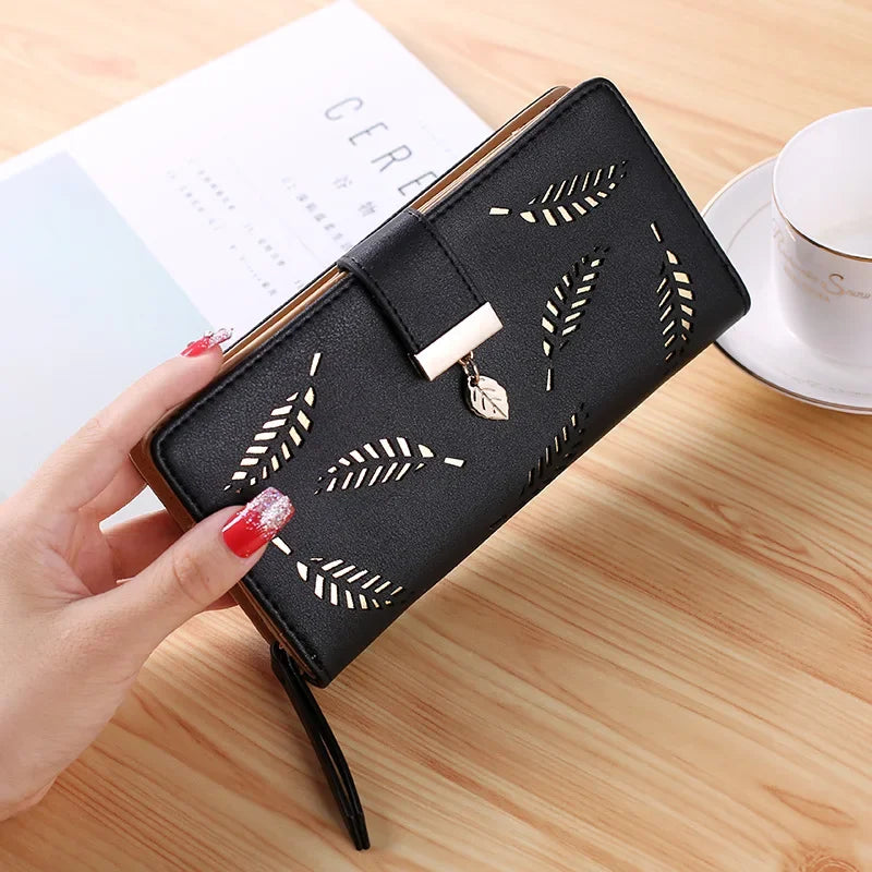 Ladies Fashion Wallet PU Leather Phone Purse Female Hollow Leaves Pouch Clutch Handbag For Women Coin Card Holders Long Wallets