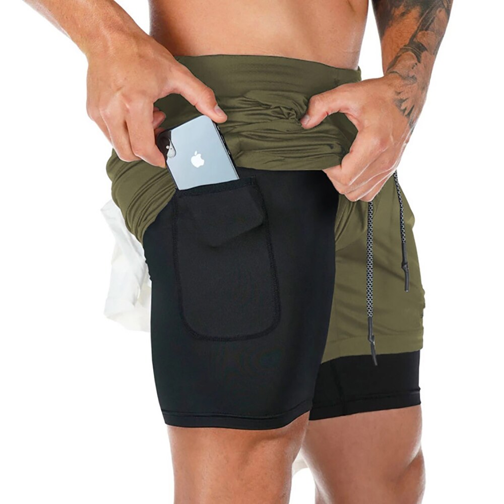 2 In 1 Doppel-deck Herren Laufshorts für Gym / Fitness, Training Jogging mit Handytasche