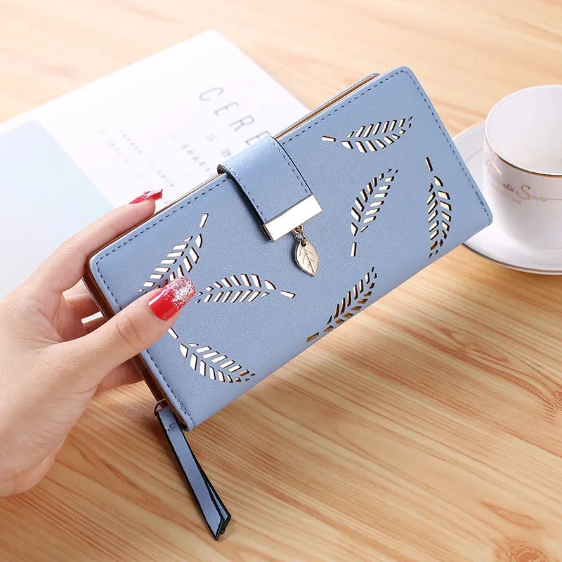 Ladies Fashion Wallet PU Leather Phone Purse Female Hollow Leaves Pouch Clutch Handbag For Women Coin Card Holders Long Wallets