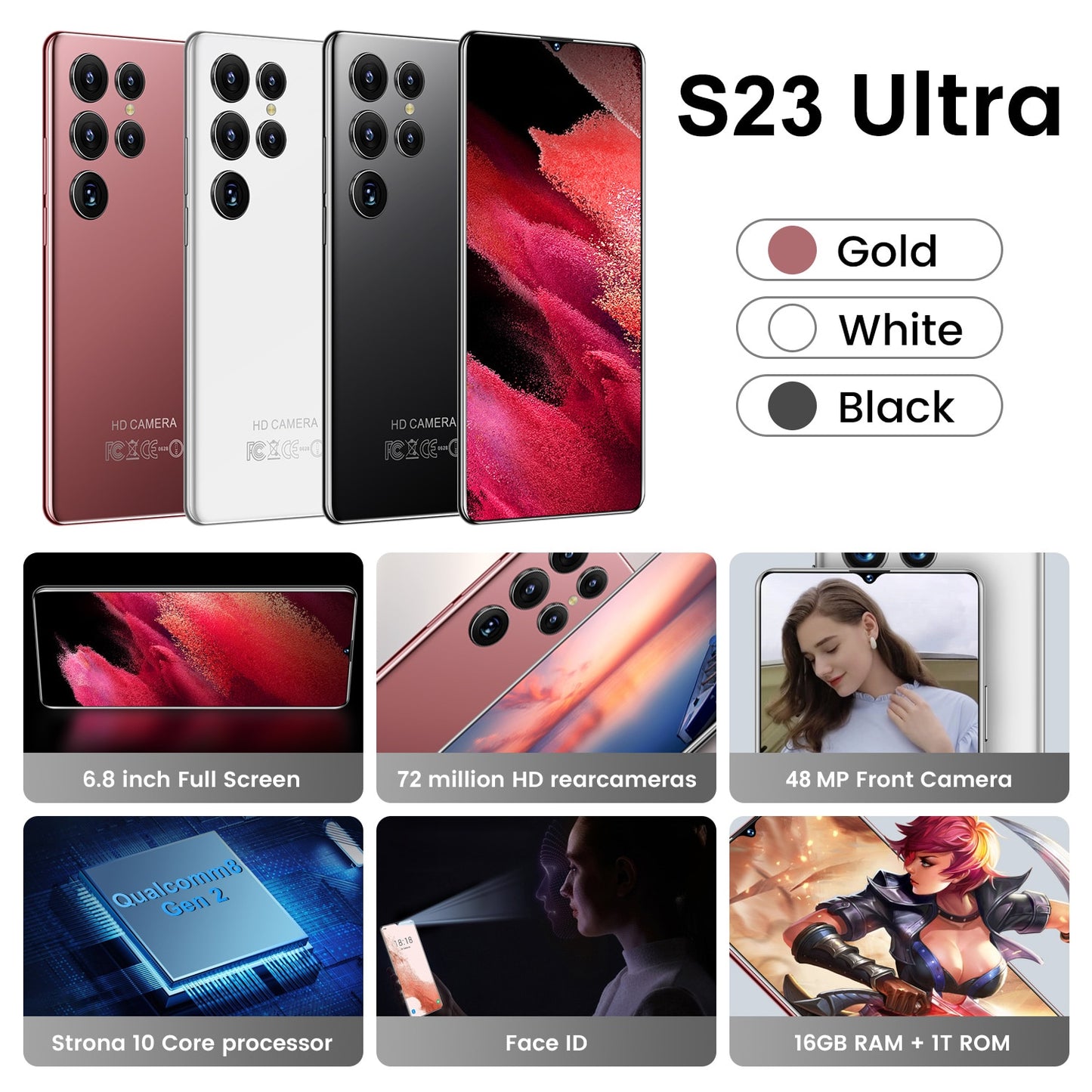 Mobiltelefone S23 Ultra 6,8 Zoll HD-Bildschirm Smartphone, Original 5G Dual Sim Android entsperrtes 72MP 6800mAh Handy