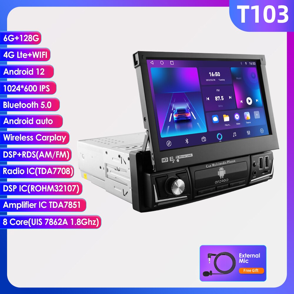 Hizpo Android 12 Universal 1din Autoradio, CarPlay GPS Navigation, Multimedia Player 1 Din Stereo 7 Zoll manuell einziehbarer Bildschirm