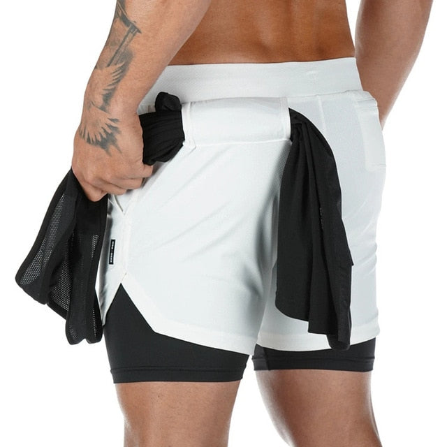 2 In 1 Doppel-deck Herren Laufshorts für Gym / Fitness, Training Jogging mit Handytasche
