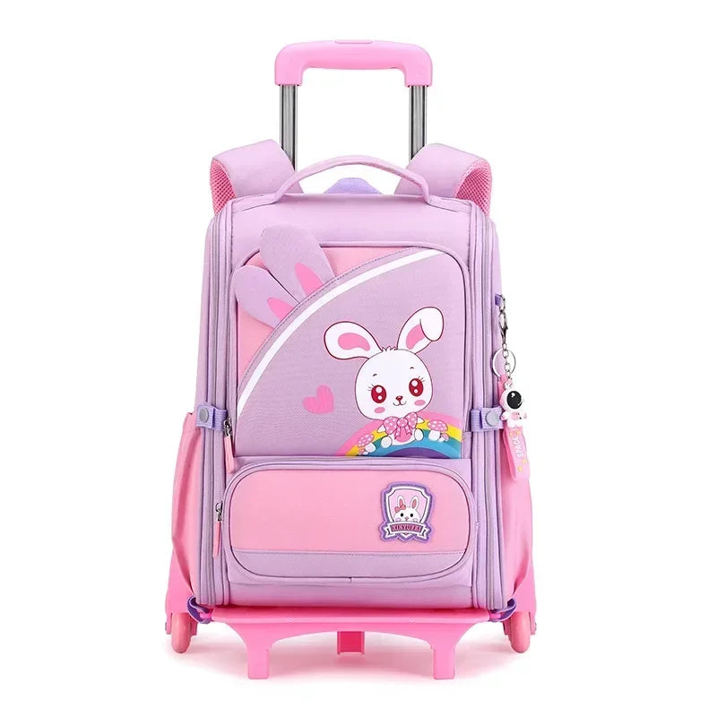 Children's Fashion Cartoon School Bags with 6 Wheels Trolley Backpack Teenagers Girls Rolling Backpack Students Kids Backpack