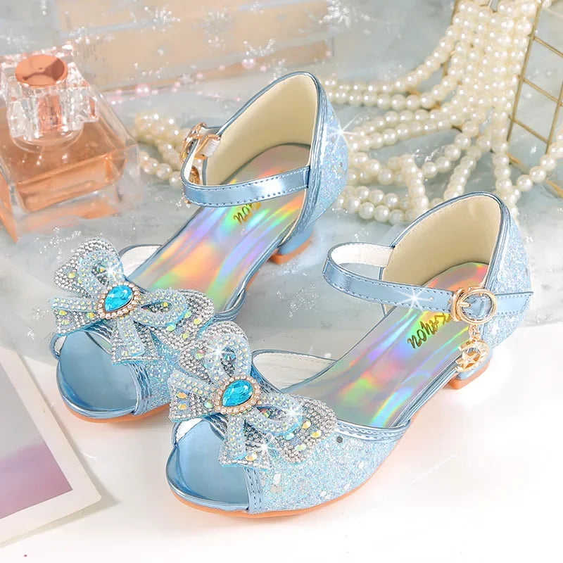 Summer Girls Sandals With Heel Fashion Rhinestone Shiny Glitter Shoes Children Princess Bowtie Pearl Dancing Shoes H876