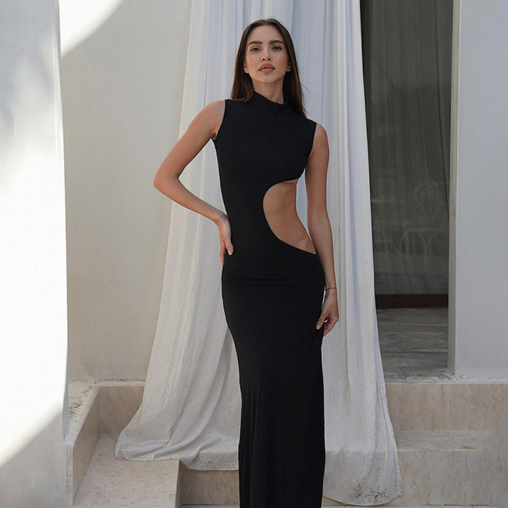 Damen Schwarz Aushöhlen langes Sommerkleid, Sexy Ärmel, Figurbetontes Maxi Abend Partykleid