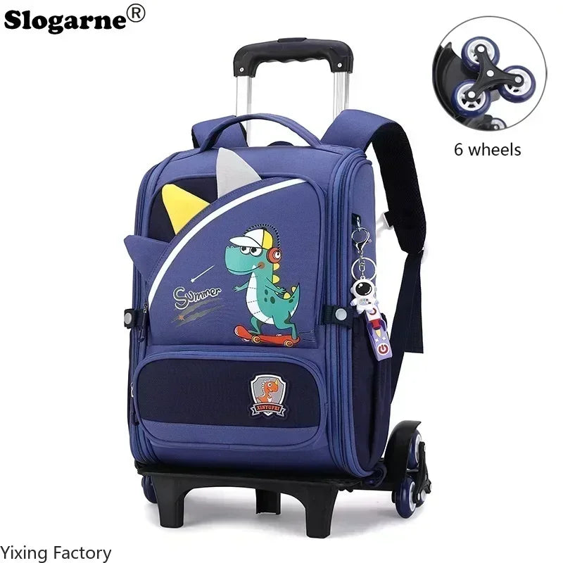 Children's Fashion Cartoon School Bags with 6 Wheels Trolley Backpack Teenagers Girls Rolling Backpack Students Kids Backpack