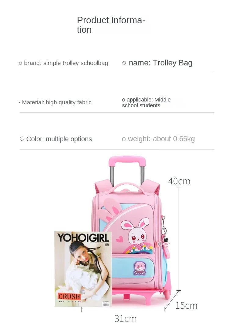 Children's Fashion Cartoon School Bags with 6 Wheels Trolley Backpack Teenagers Girls Rolling Backpack Students Kids Backpack