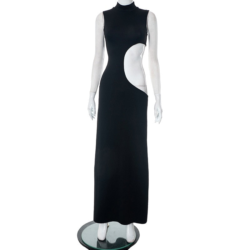 Damen Schwarz Aushöhlen langes Sommerkleid, Sexy Ärmel, Figurbetontes Maxi Abend Partykleid