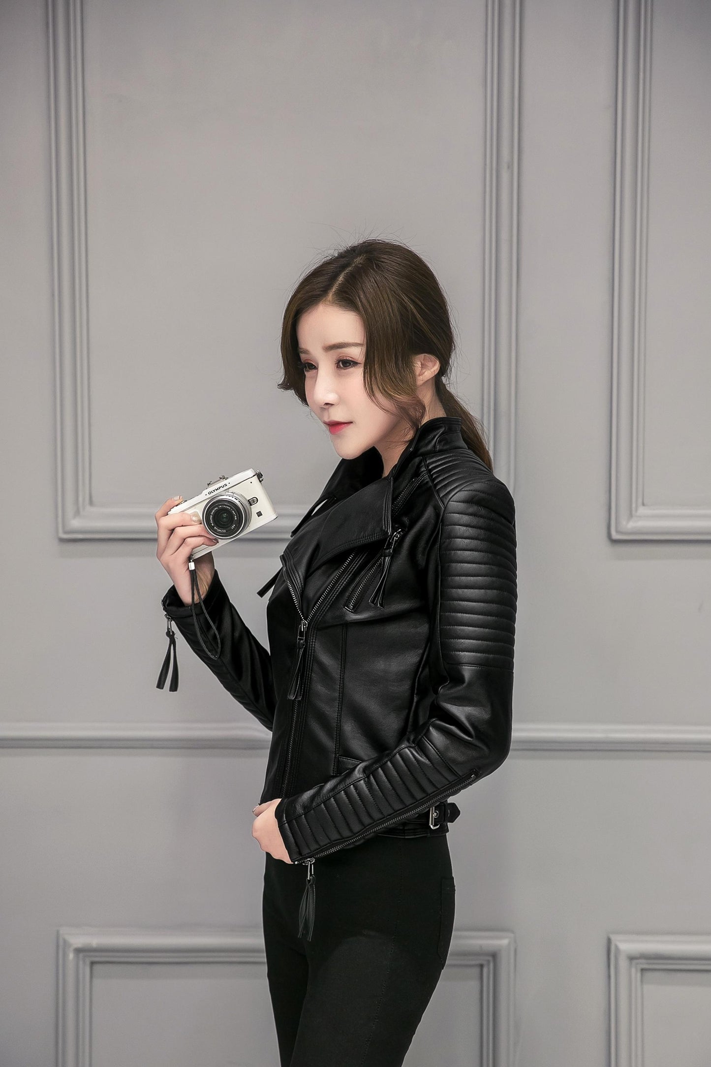 Damen Frühling / Herbst Lederjacke, Motorrad Kunstlederjacke