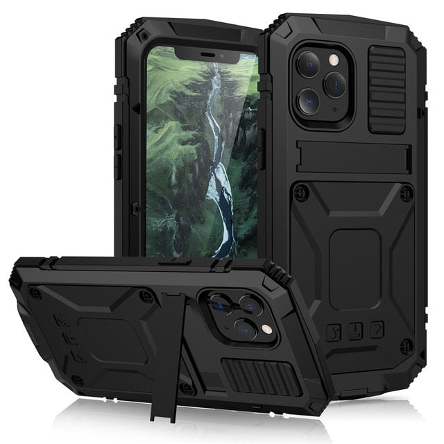Ständer-Telefonhülle für iPhone 12 Pro Max, Mini XS, Max XR, staubdicht, stoßfest, gehärtetes Glas, Metallabdeckung für iPhone 11 Pro Max