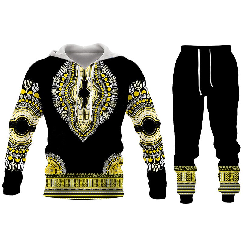 Herren 3D Druck Folk Hoodies Hosen, 2 Stück Sets Herren Freizeitanzug, Langarm Ethnischen Stil Afrikanische Kleidung