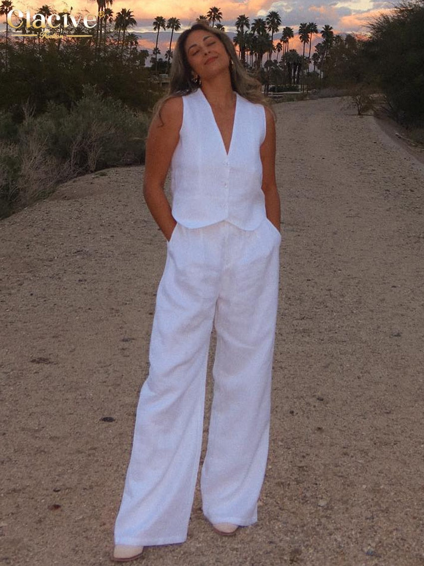 Zwei Stück Set Sommer Leinen für Frauen, 2023 Mode Ärmelloses Tank Top neu in Passenden Hohe Taille; Breite Hosen Set