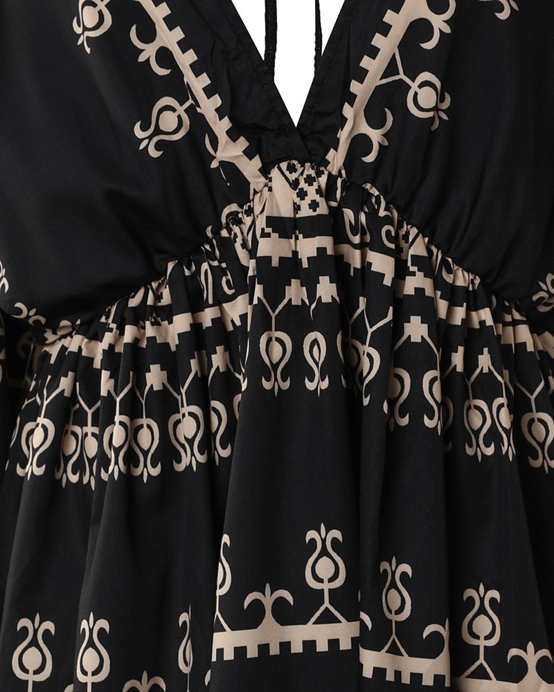 Tribal-Print-Sommerkleid mit V-Ausschnitt, Laternenärmel, Swing-Partykleid, hohe Taille