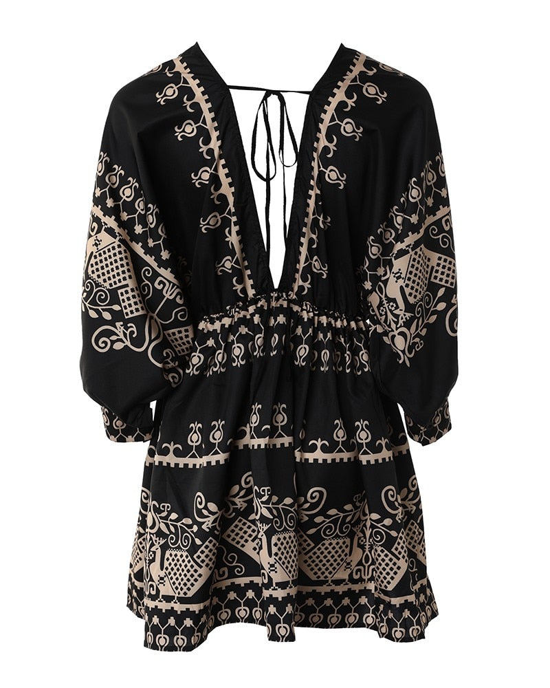 Tribal-Print-Sommerkleid mit V-Ausschnitt, Laternenärmel, Swing-Partykleid, hohe Taille