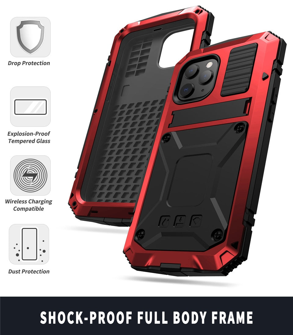 Ständer-Telefonhülle für iPhone 12 Pro Max, Mini XS, Max XR, staubdicht, stoßfest, gehärtetes Glas, Metallabdeckung für iPhone 11 Pro Max