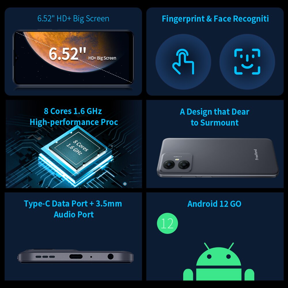 Freeyond F9 Smartphone 64 GB/128 GB 6,52 "HD+ Bildschirm 5000mah Big Battery Octa Core13MP Dual Camera 5000mAh Android Phone, 2 SIM -Karte