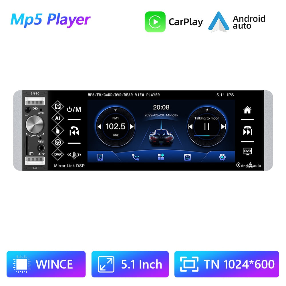 Podofo 1DIN MP5 Player Touch Autoradio FM 4-USB 5,1 Zoll, Unterstützt Android Mirrorlink Bluetooth Carplay Autoradio DVR