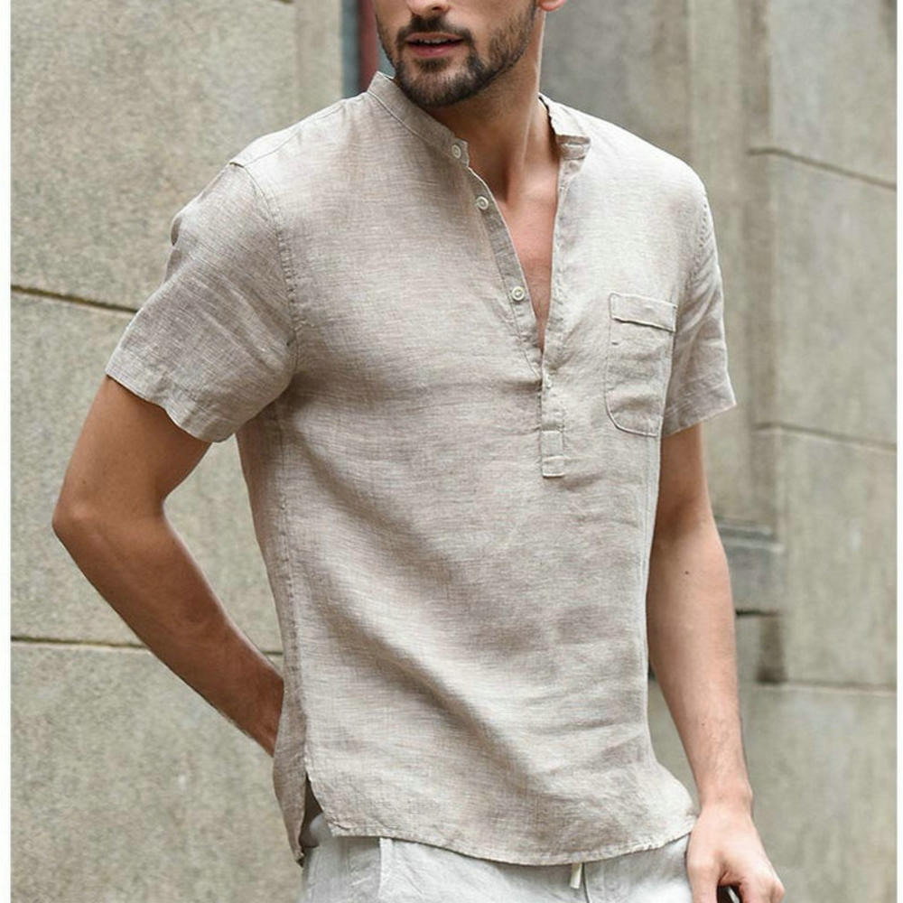 Einfarbig Herren Casual Baumwolle Leinen Shirts-Stehkragen, Frühling - Herbst Shirts mit langen Ärmel
