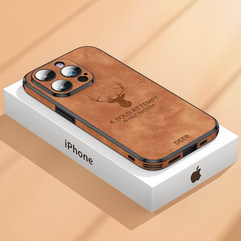 Luxus Hirsch Leder Telefon Fall Für iPhone 14, 13, 12 Pro Max Objektivglas Stoßfest Silikon Handy Abdeckung