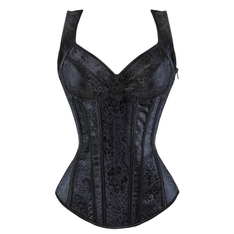 Große Größe Träger Vollbrustkorsett mit Cup-Reißverschluss, Sexy Jacquard Blumen-und Taillenkorsett