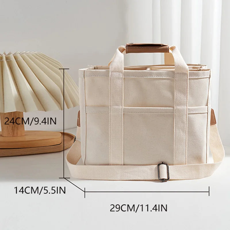 Simple canvas bag for office workers to carry lunch boxes; pure color versatile crossbody bag with large capacity.