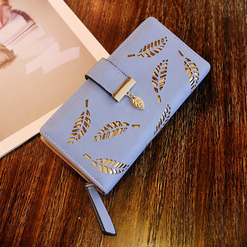 Ladies Fashion Wallet PU Leather Phone Purse Female Hollow Leaves Pouch Clutch Handbag For Women Coin Card Holders Long Wallets