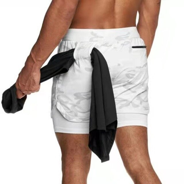 2 In 1 Doppel-deck Herren Laufshorts für Gym / Fitness, Training Jogging mit Handytasche