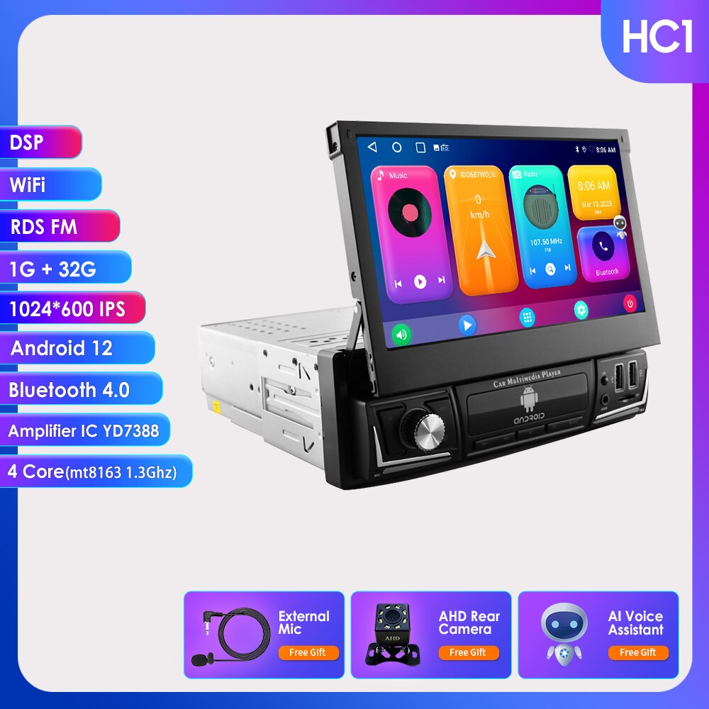 Hizpo Android 12 Universal 1din Autoradio, CarPlay GPS Navigation, Multimedia Player 1 Din Stereo 7 Zoll manuell einziehbarer Bildschirm