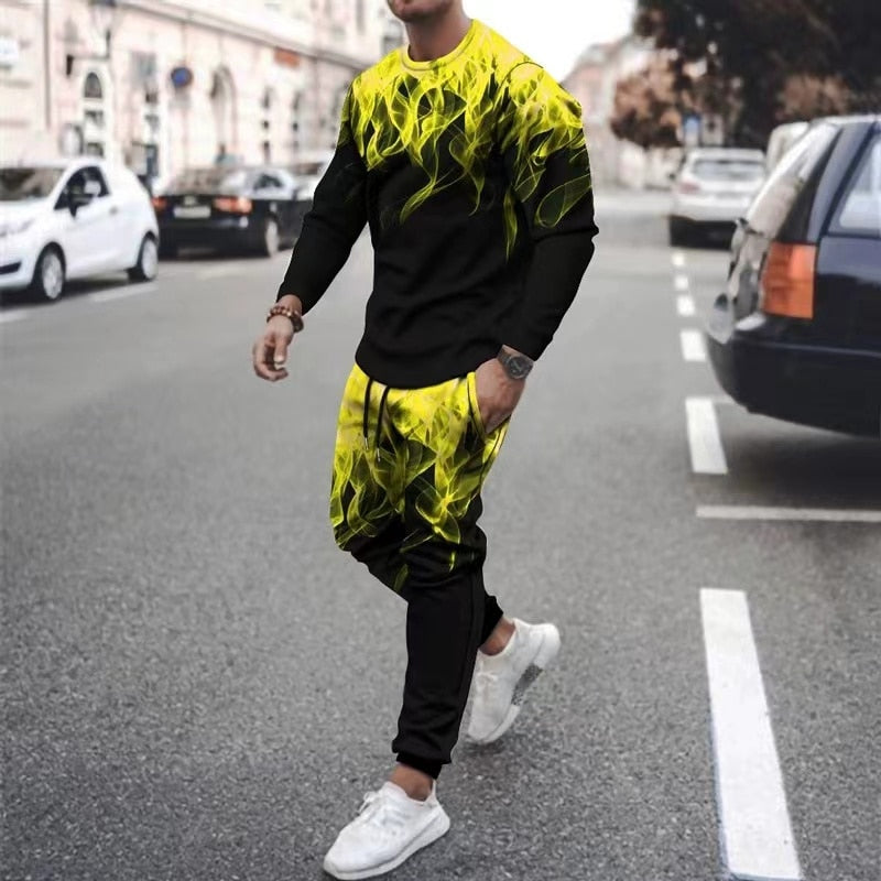 Herren langarm T-Shirt mit Flamme Muster, Sommertrend mit langer Hose
