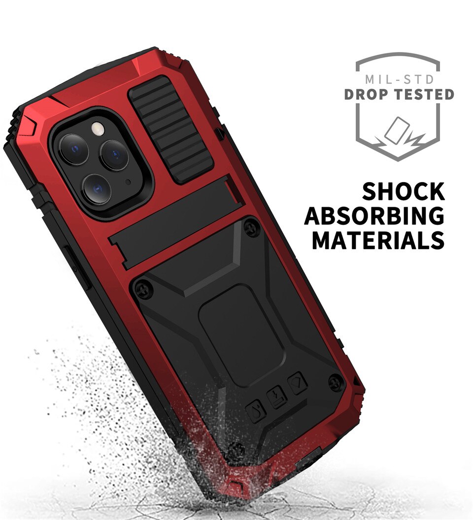 Ständer-Telefonhülle für iPhone 12 Pro Max, Mini XS, Max XR, staubdicht, stoßfest, gehärtetes Glas, Metallabdeckung für iPhone 11 Pro Max