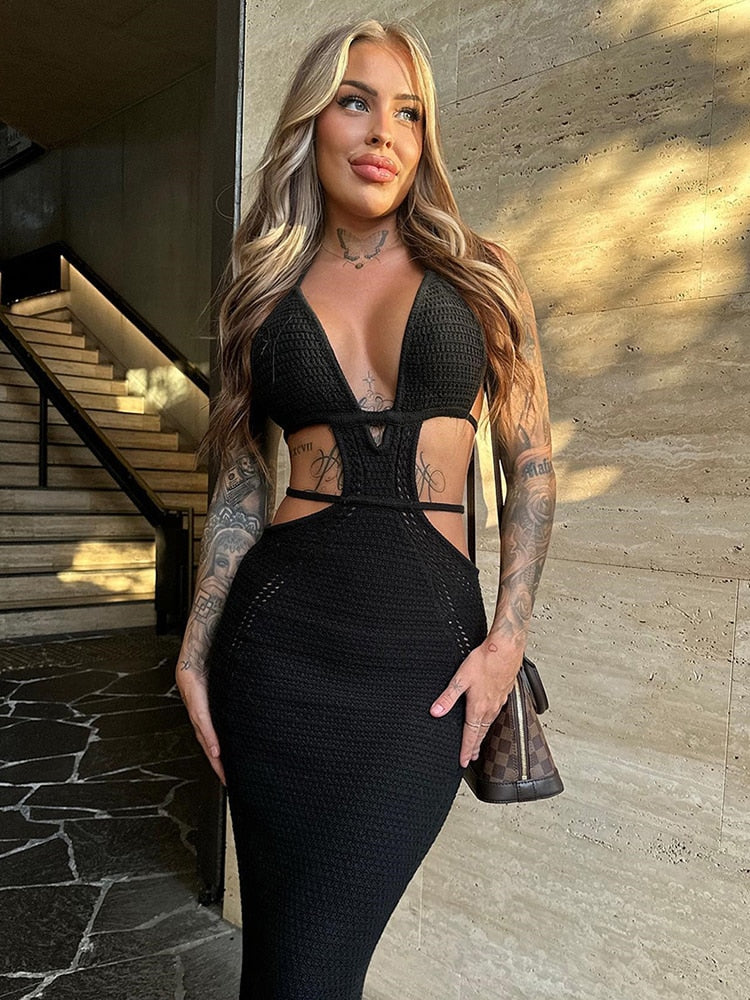 Aushöhlen Halter, Damen Sexy Mini Sommerkleid, Ärmellose Backless Dünne Club Party Stricken