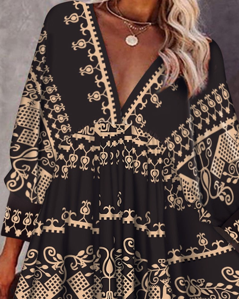 Tribal-Print-Sommerkleid mit V-Ausschnitt, Laternenärmel, Swing-Partykleid, hohe Taille